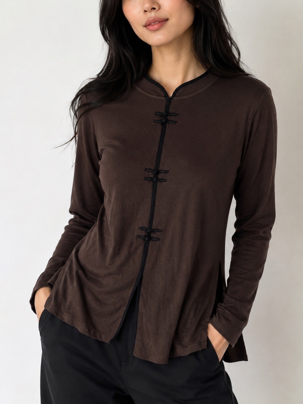 Misook Brown Knit Popover Long Sleeve Tunic Top Asian Inspired size XL